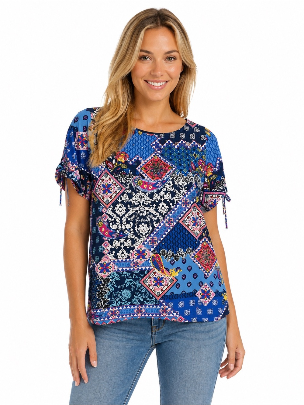 Rafaella Women’s Blue Patchwork Print Short Sleeve Top - 0807